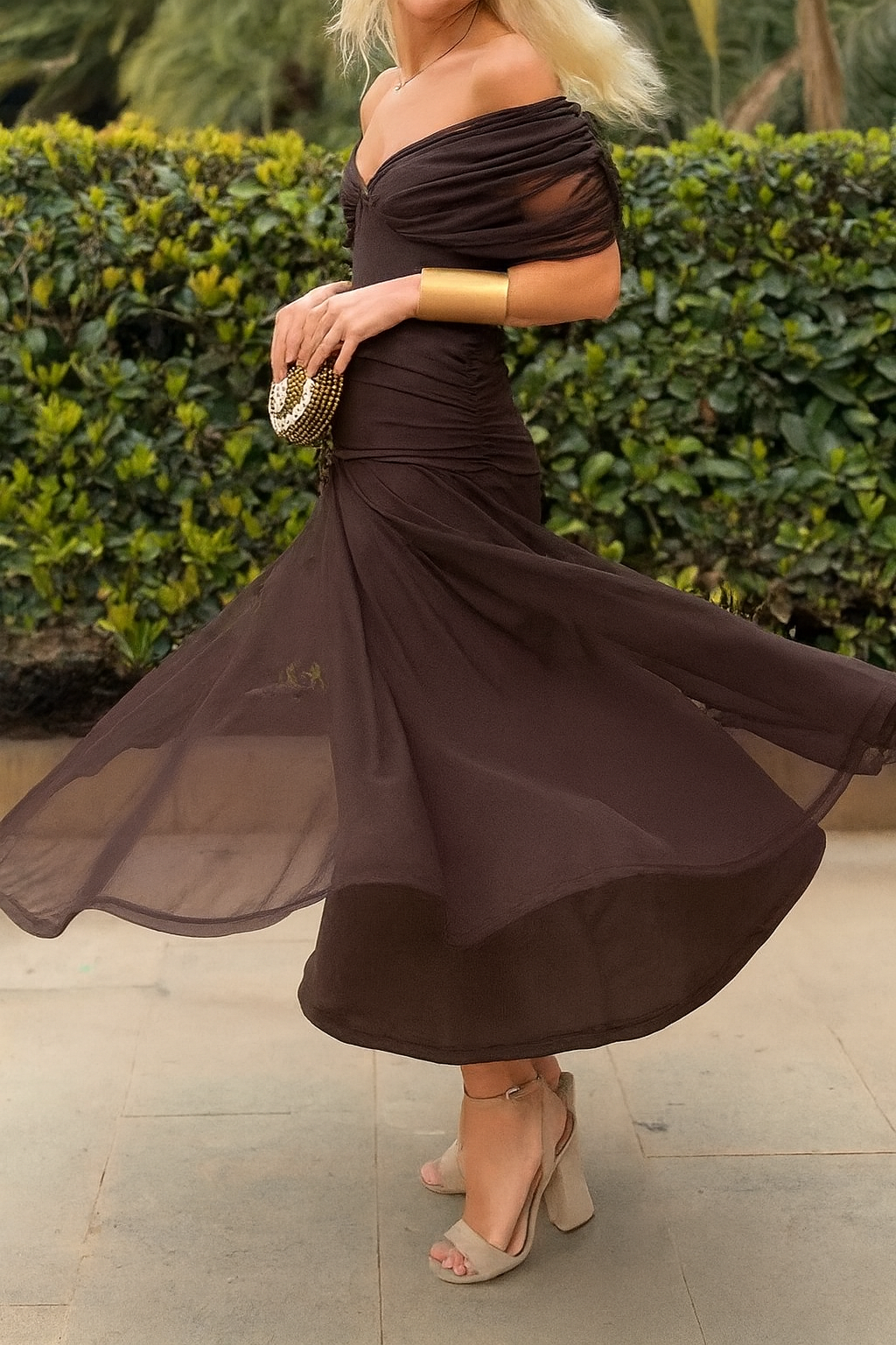 Flowy and elegant ankle-length mesh dress for women with a modern diagonal collar.