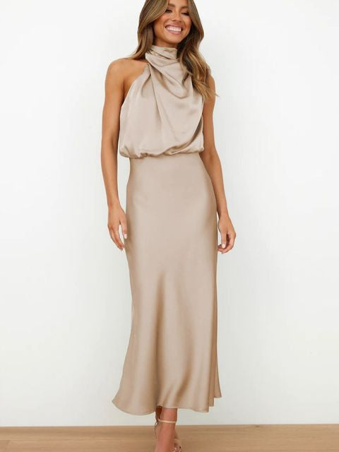 Perfect wedding guest dress: formal halter neck midi dress for special occasions