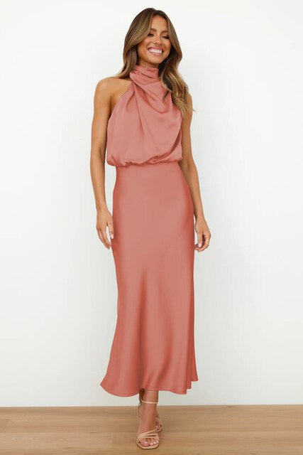 Women's formal attire: stylish halter neck midi dress for elegant events