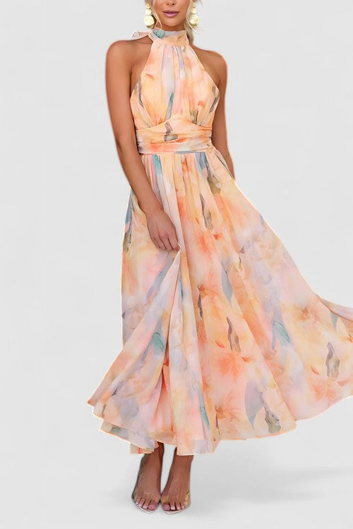 Elegant women's halter neck floral maxi dress, perfect for summer parties & wedding guests.