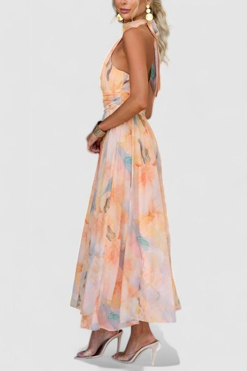 Lightweight, flattering halter neck floral maxi dress, designed for women's comfortable summer style.