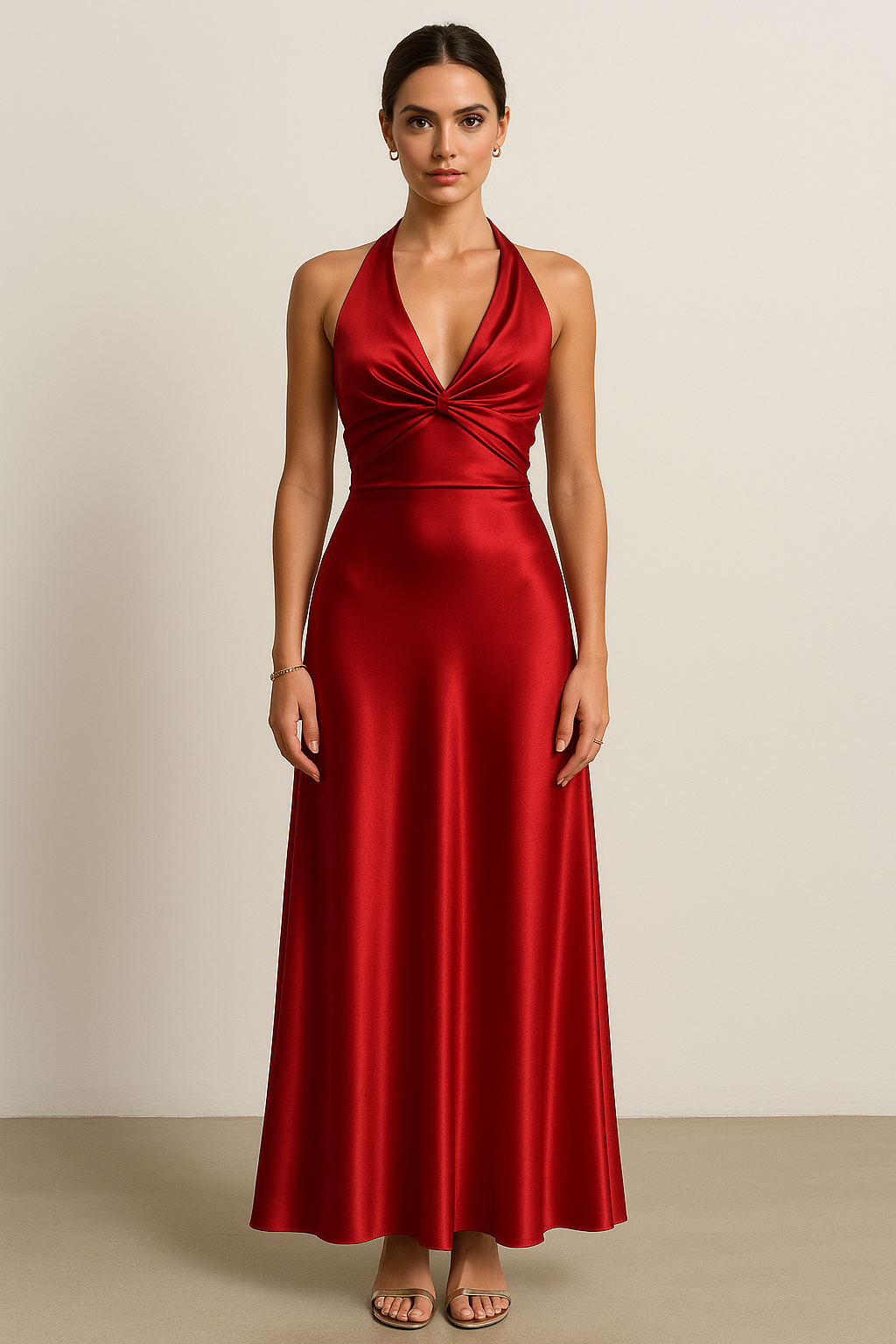 Floor-length dark pink halter prom dress for women. Elegant maxi gown for parties & special events.
