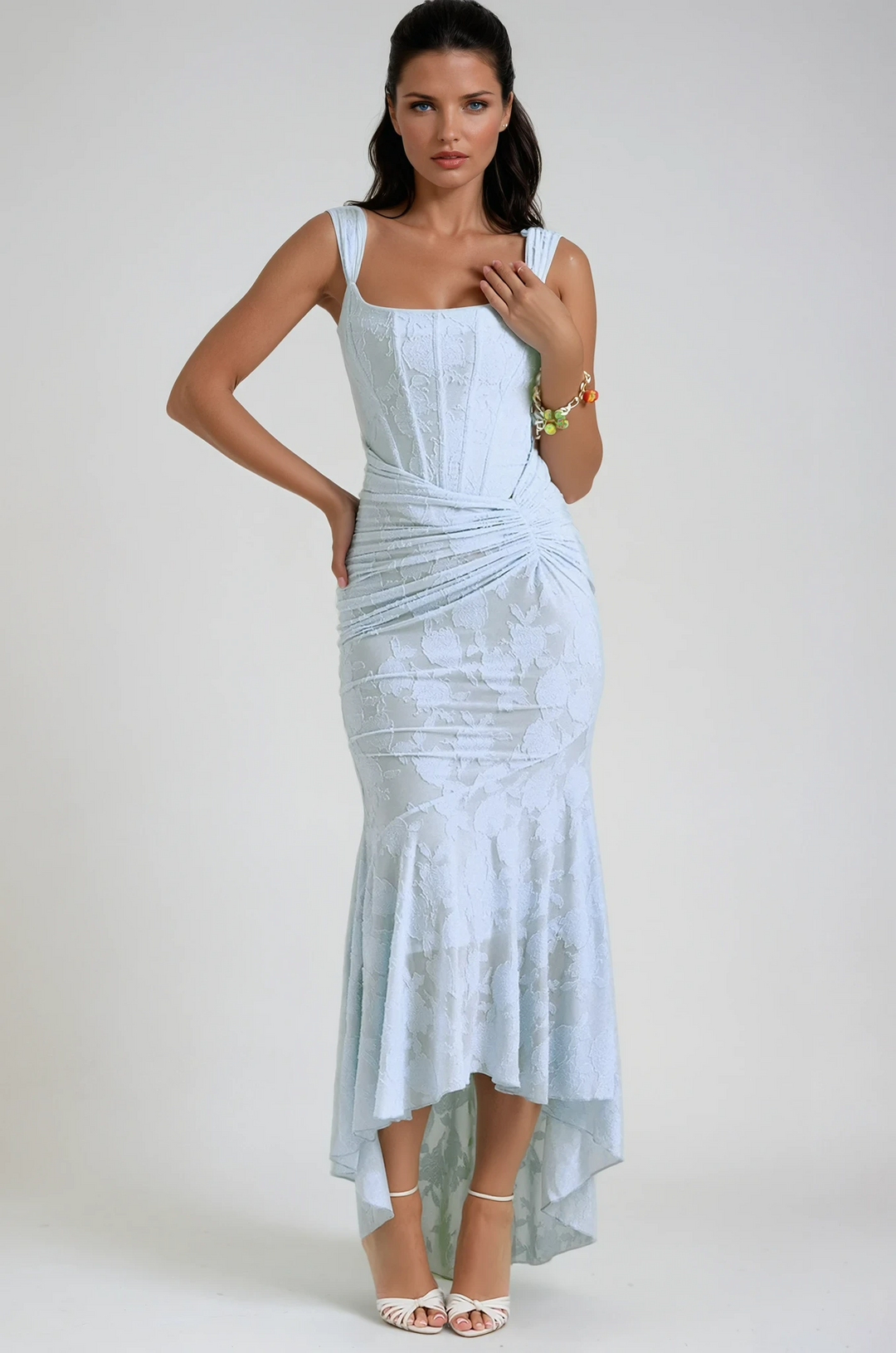 Elegant women's high-low maxi dress, perfect for evening events & wedding guests.