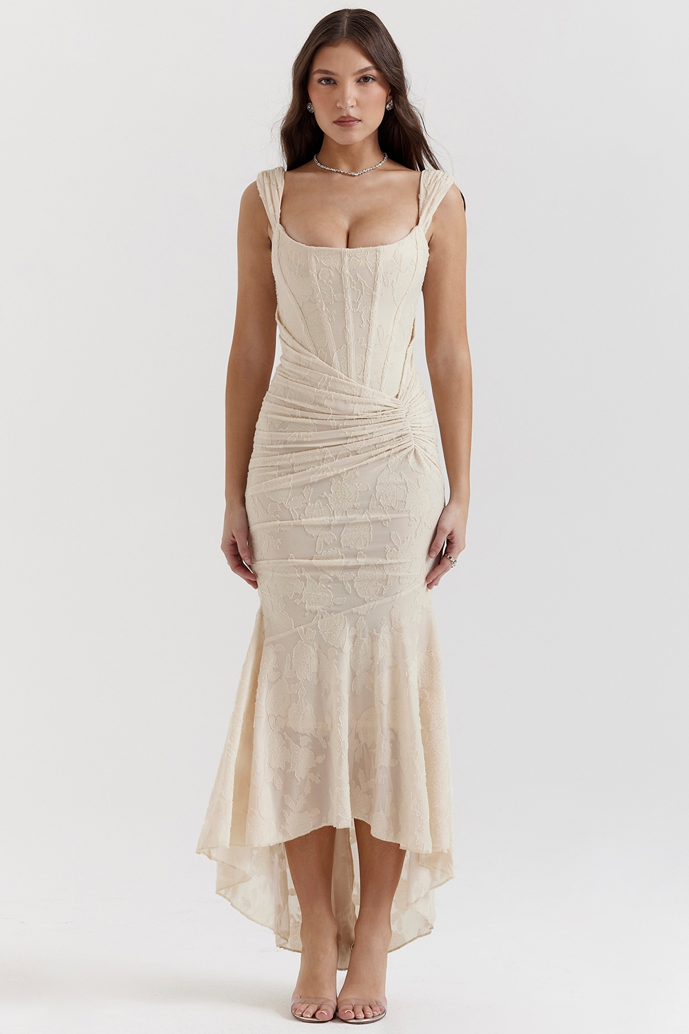 Flattering women's elegant high-low maxi dress, perfect for formal evening parties & wedding guests.