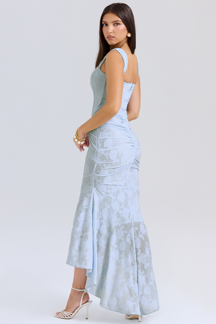 Flattering high-low maxi dress for women. Elegant formal wear, ideal for evening parties & guests.