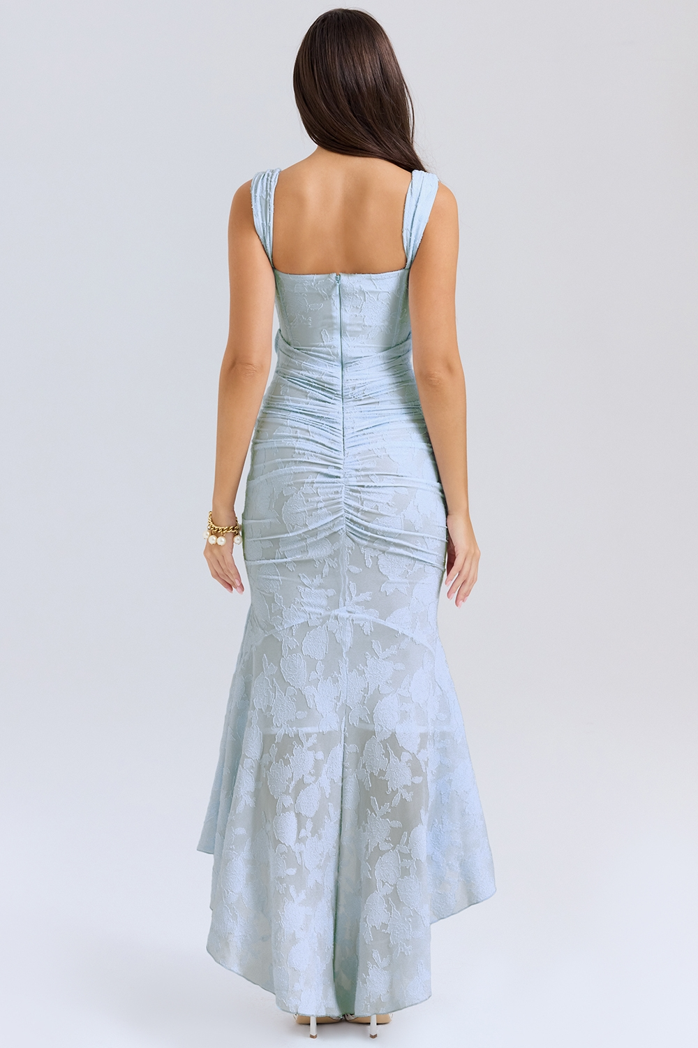 Luxurious women's high-low maxi dress, an elegant choice for evening & wedding guest attire.