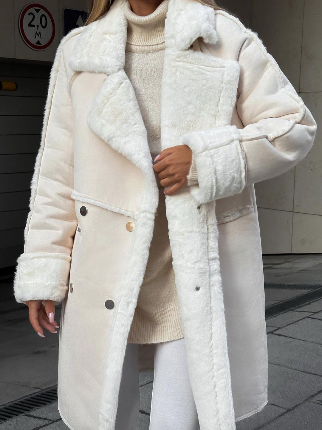 Stylish long grey polar fleece winter coat for women, Ava design, elegant and warm for casual chic or office.