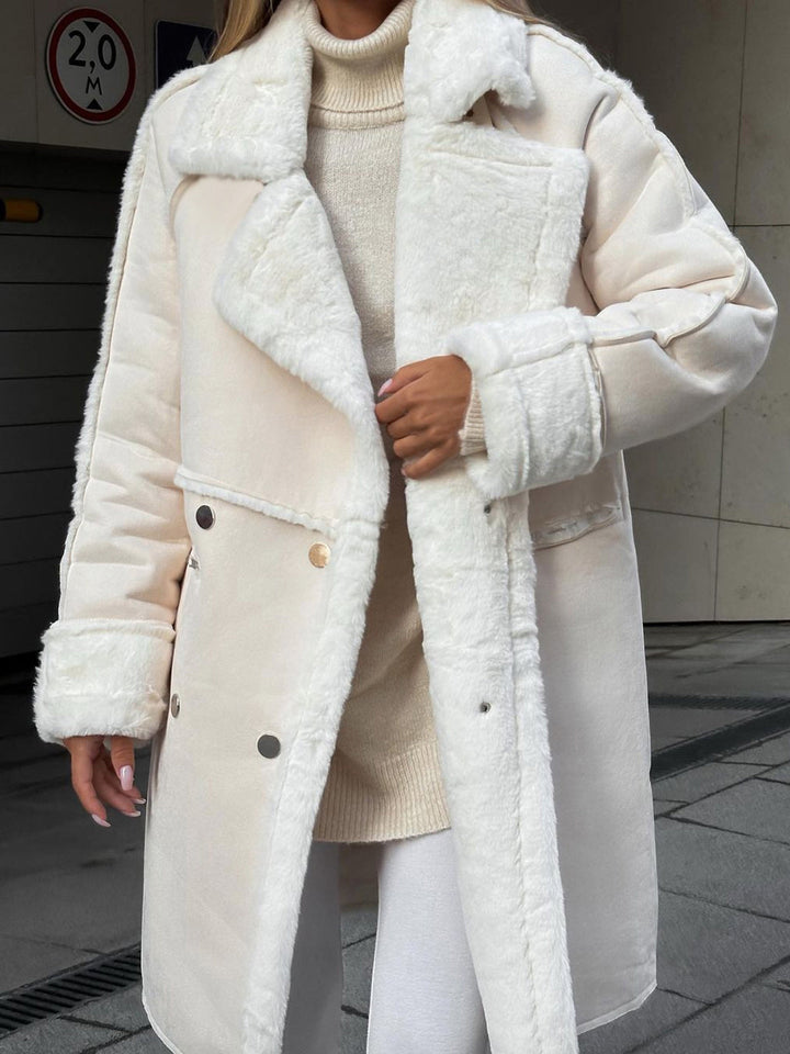 Stylish long grey polar fleece winter coat for women, Ava design, elegant and warm for casual chic or office.