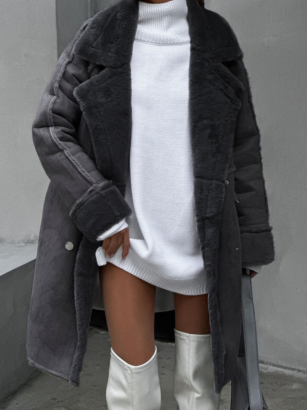Ava women's long grey winter coat, elegant and warm polar fleece for stylish everyday and office apparel.