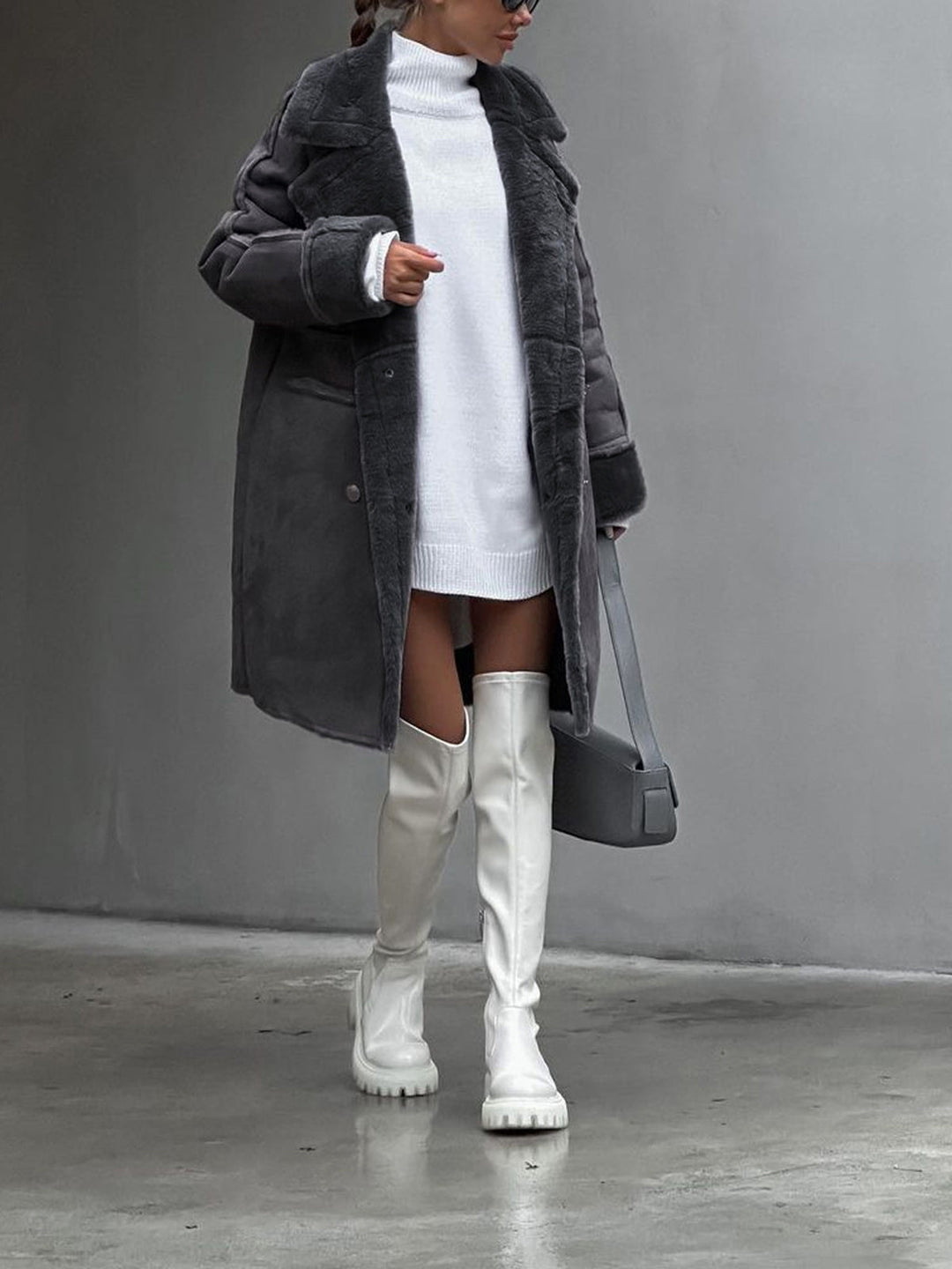 Timeless elegant women's long beige winter coat, Ava style, cozy polar fleece for stylish warmth & office fashion.