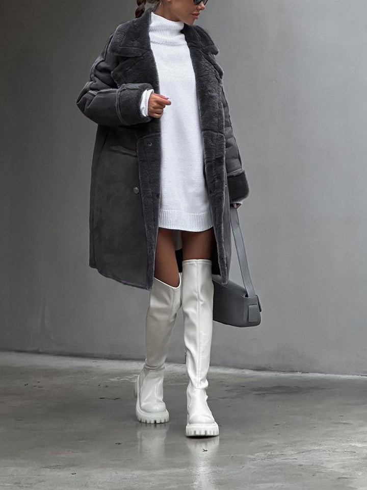 Timeless elegant women's long beige winter coat, Ava style, cozy polar fleece for stylish warmth & office fashion.