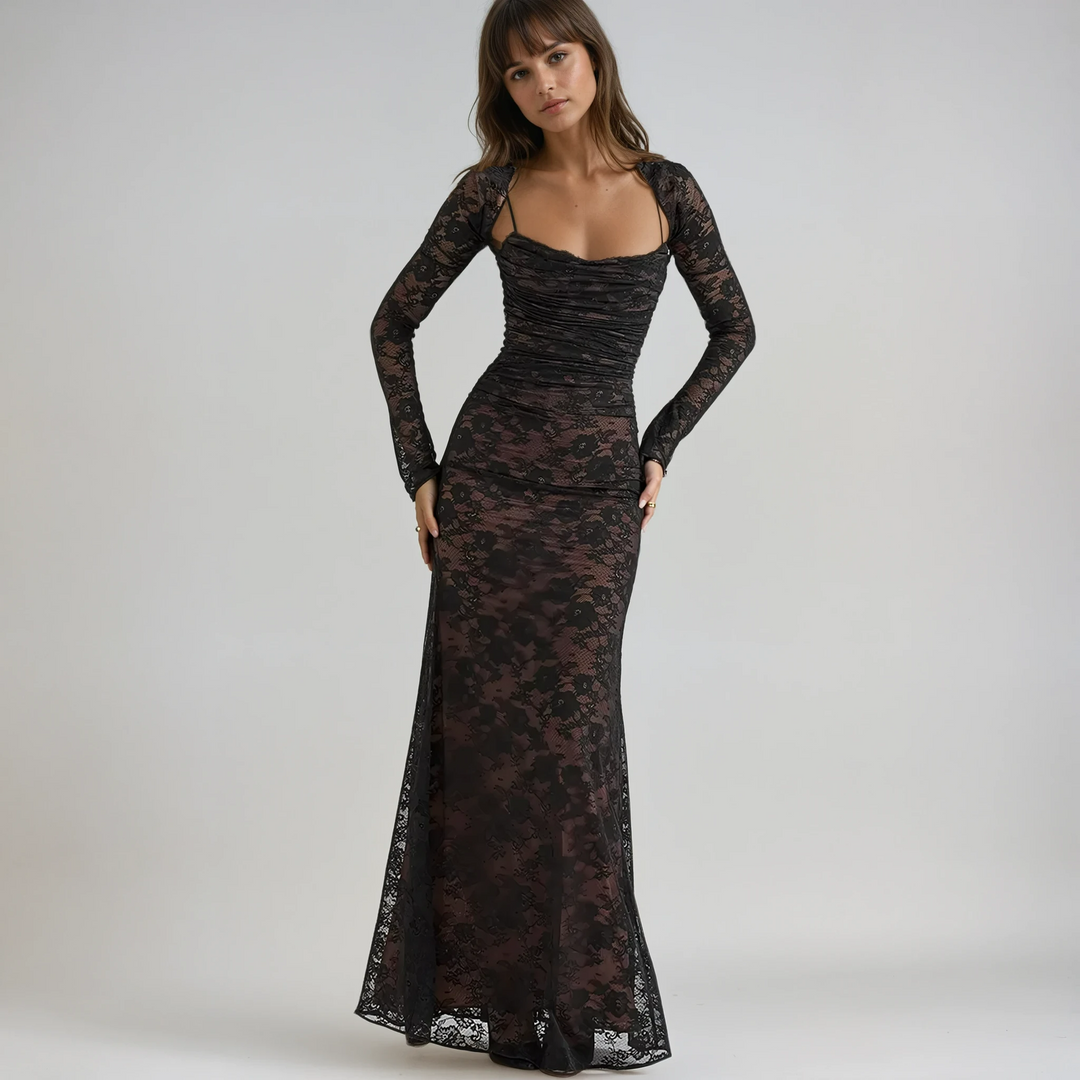 Elegant women's long lace maxi dress, perfect for weddings and special events.