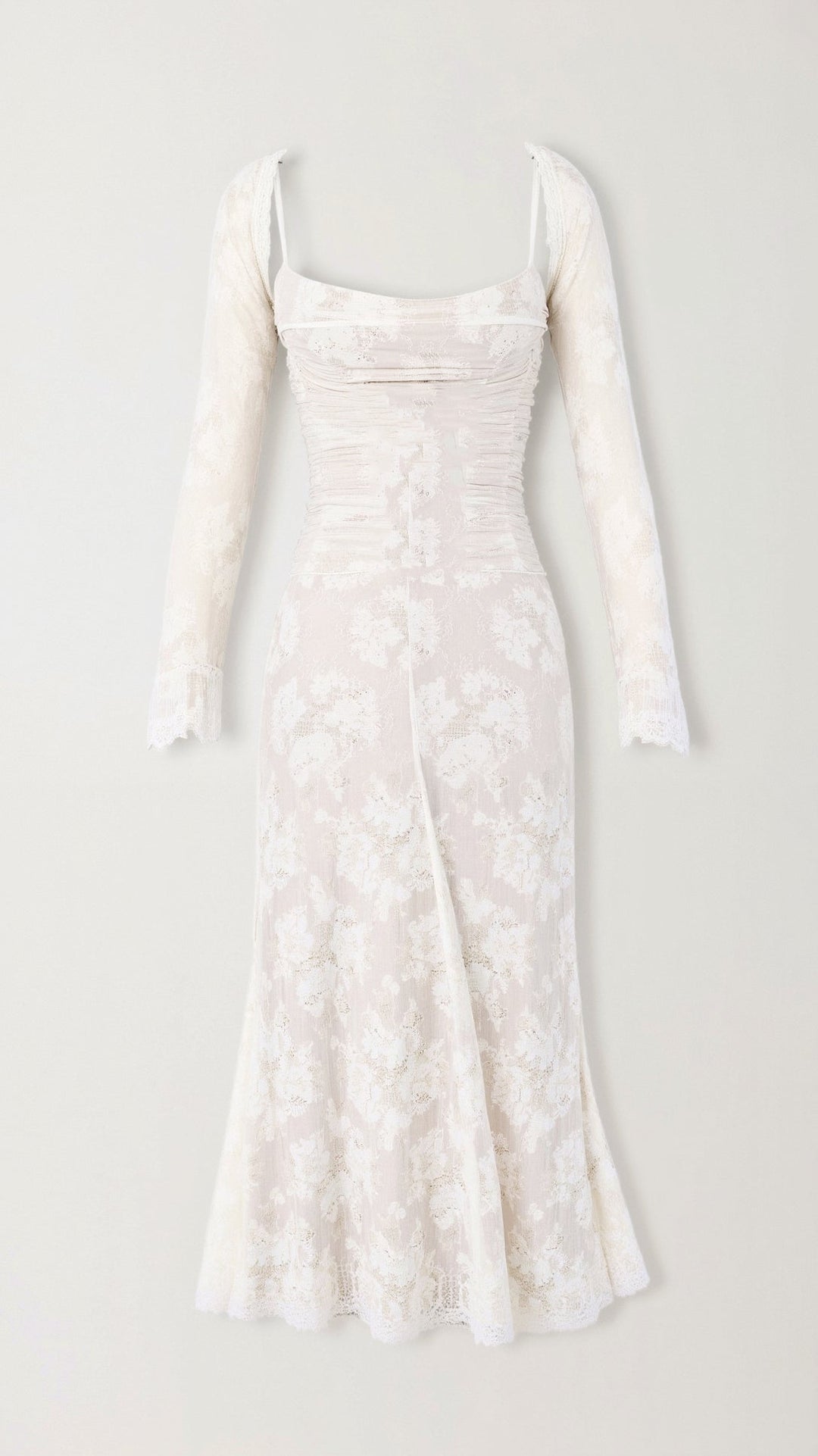 White elegant lace formal maxi dress suitable for wedding guests and evening wear.