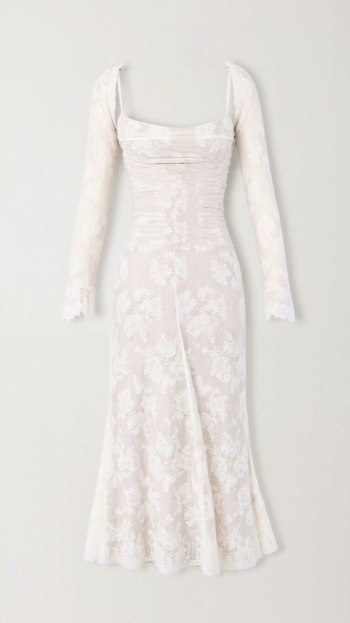 White elegant lace formal maxi dress suitable for wedding guests and evening wear.