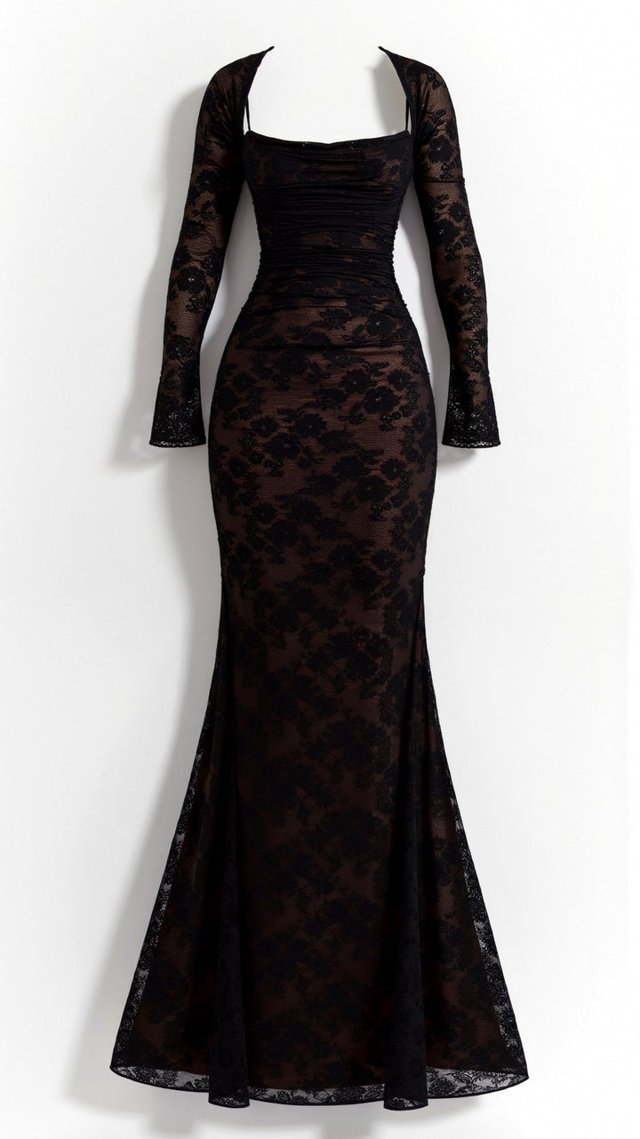 Women's formal long sleeve maxi dress with intricate lace detailing.
