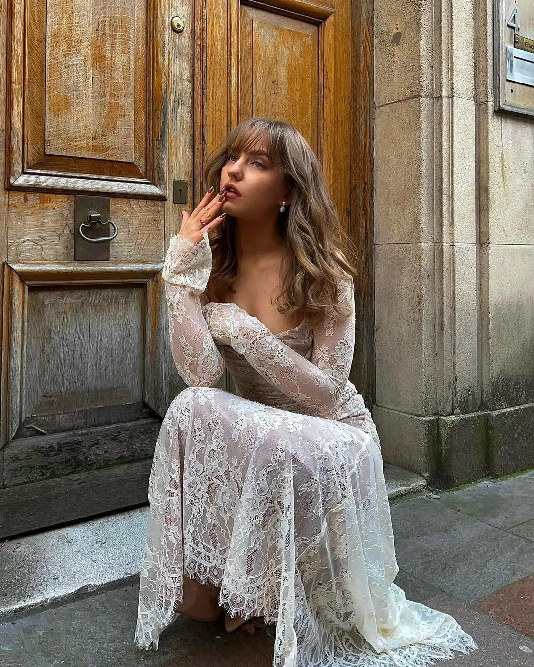 Special occasion lace maxi dress, ideal for weddings and elegant evening events.