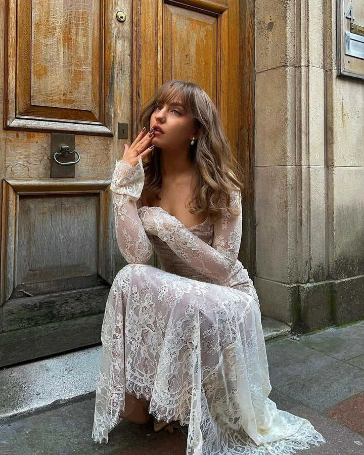 Special occasion lace maxi dress, ideal for weddings and elegant evening events.