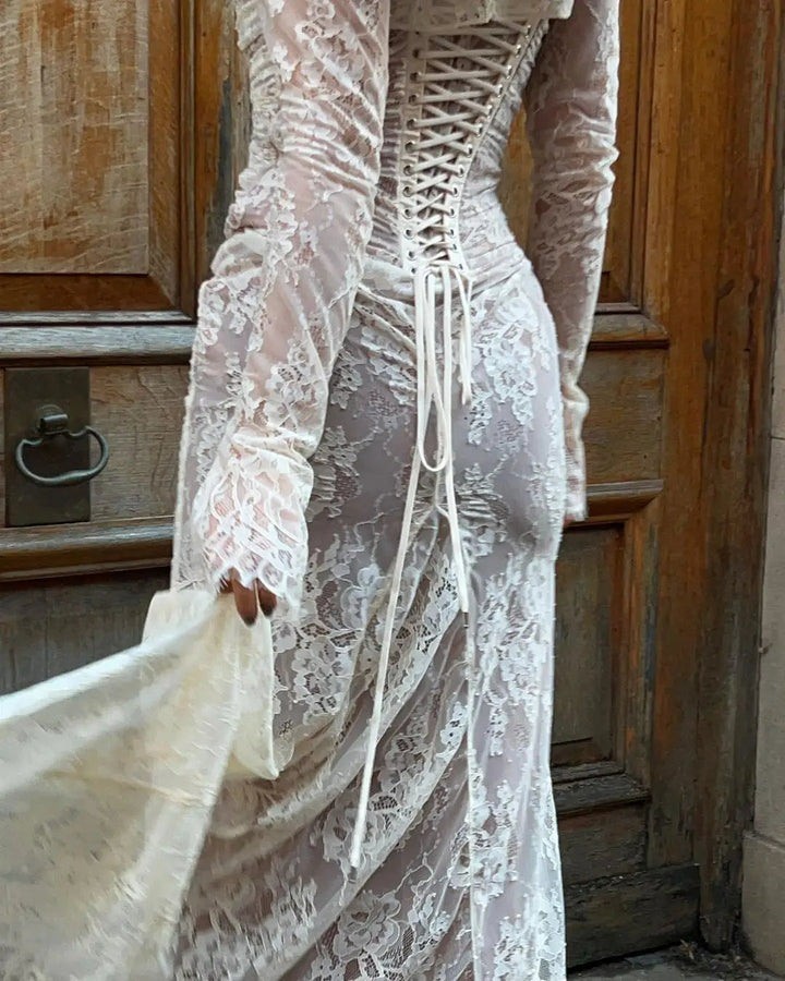 Chic white lace maxi dress for women, perfect for formal events and parties.