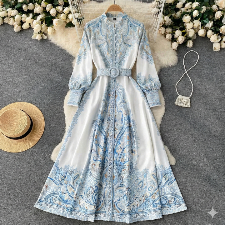 Elegant women's long sleeve belted maxi dress, perfect for formal occasions and evening events.