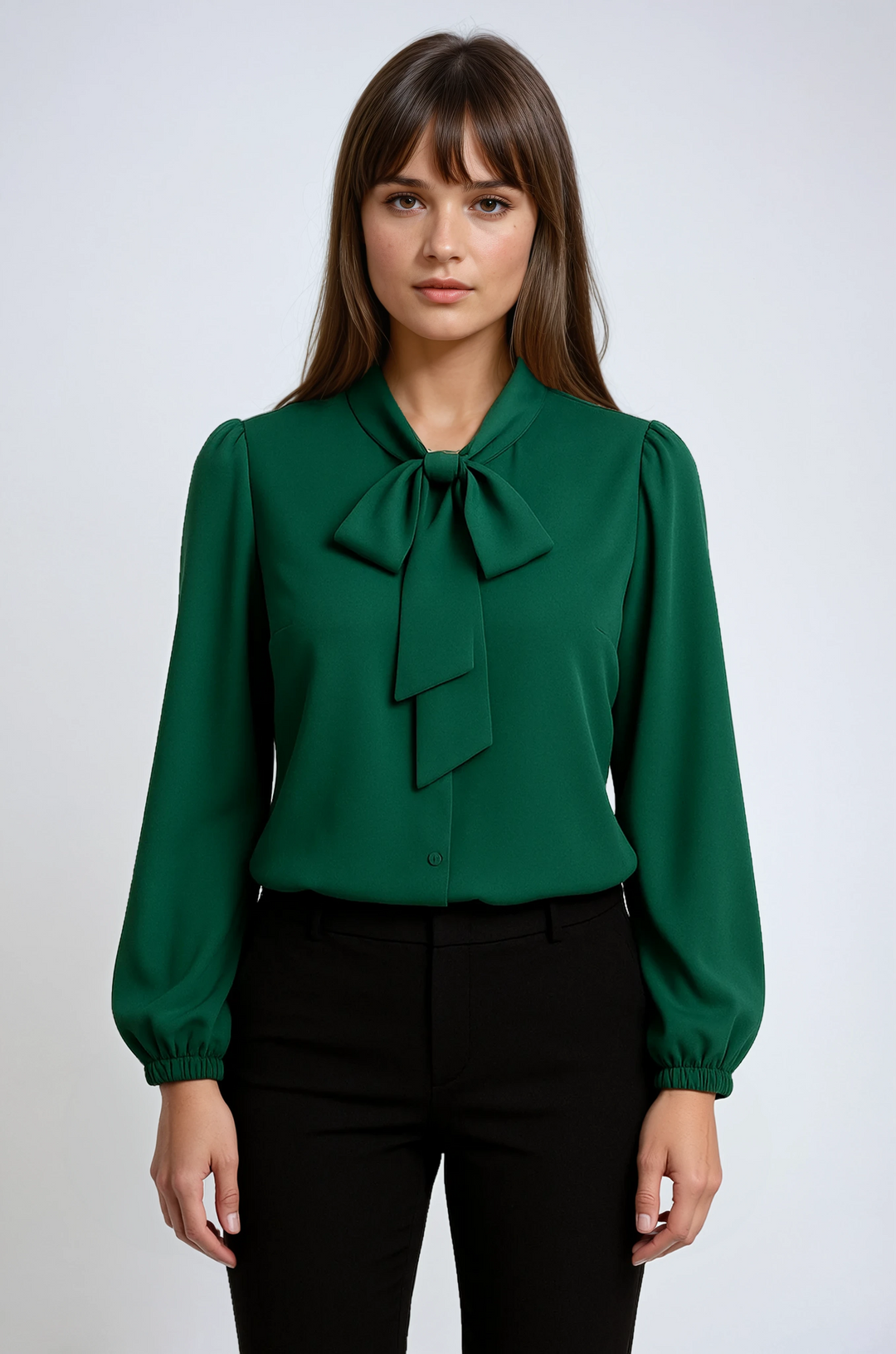 Elegant women's long sleeve blouse with chic bow detail, perfect for sophisticated office wear.