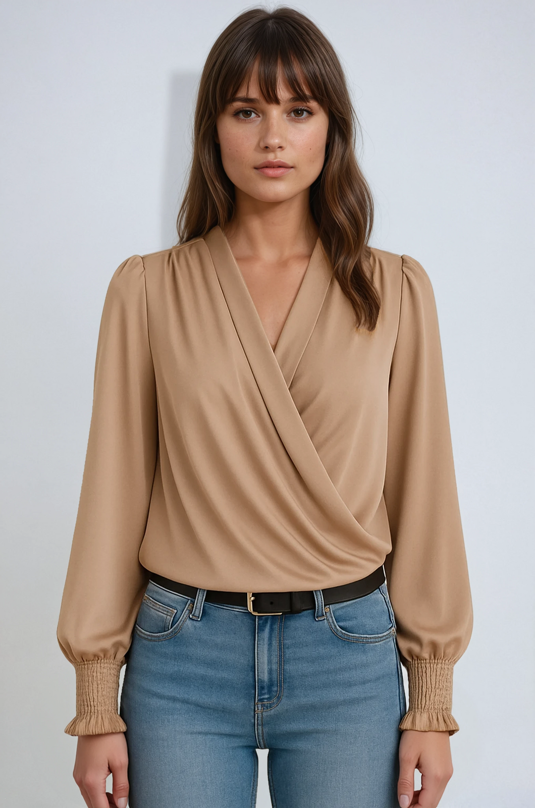 Elegant women's long-sleeve wrap blouse, perfect for office wear or evening. Chic and sophisticated fashion top.