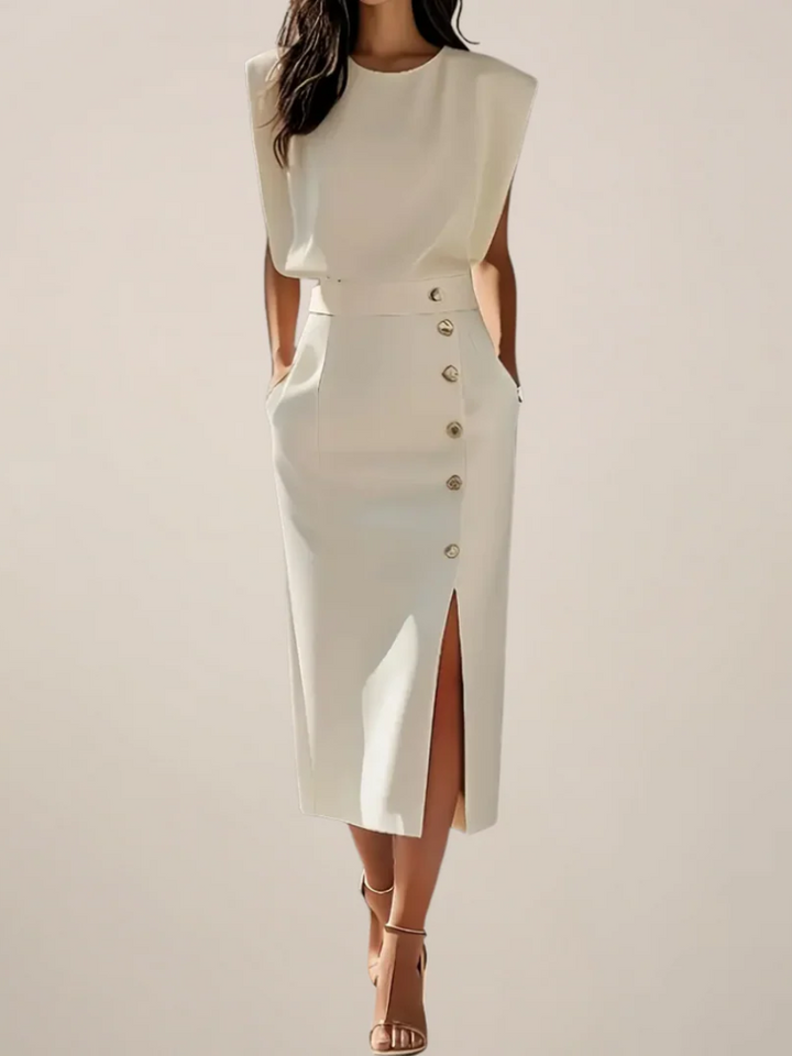 Elegant women's midi dress with a flattering side slit, perfect for sophisticated style.
