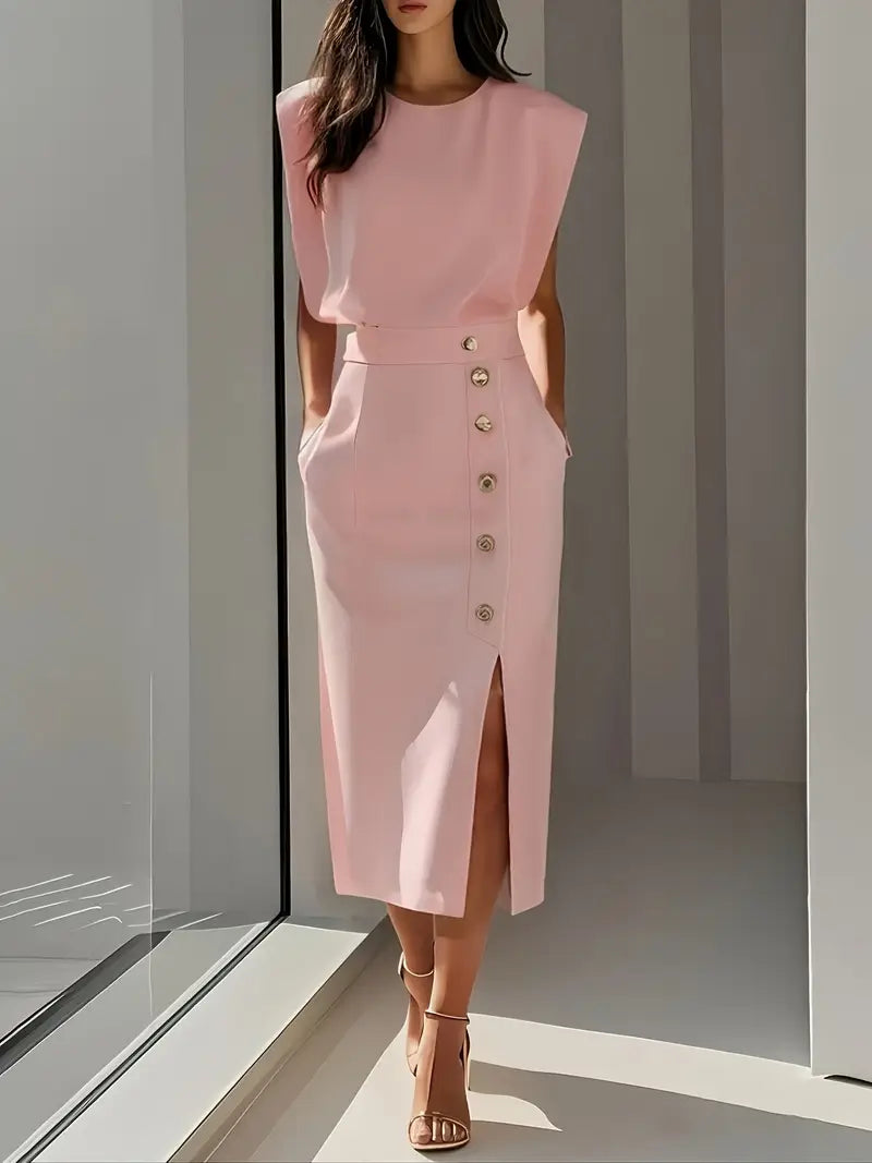 Sophisticated women's midi dress featuring a stylish side slit, versatile for day to night wear.