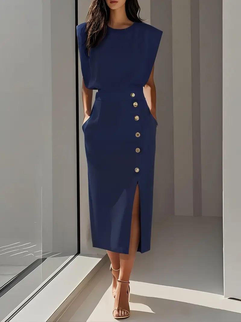 Comfortable and flattering women's midi dress with an elegant side slit, ideal for any occasion.