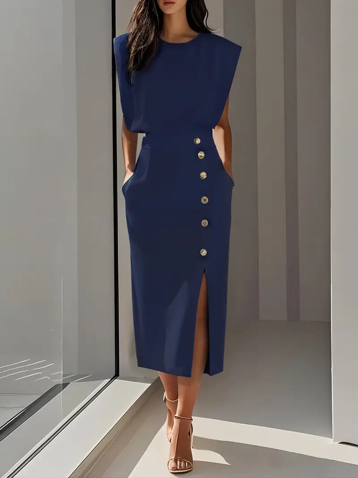 Comfortable and flattering women's midi dress with an elegant side slit, ideal for any occasion.