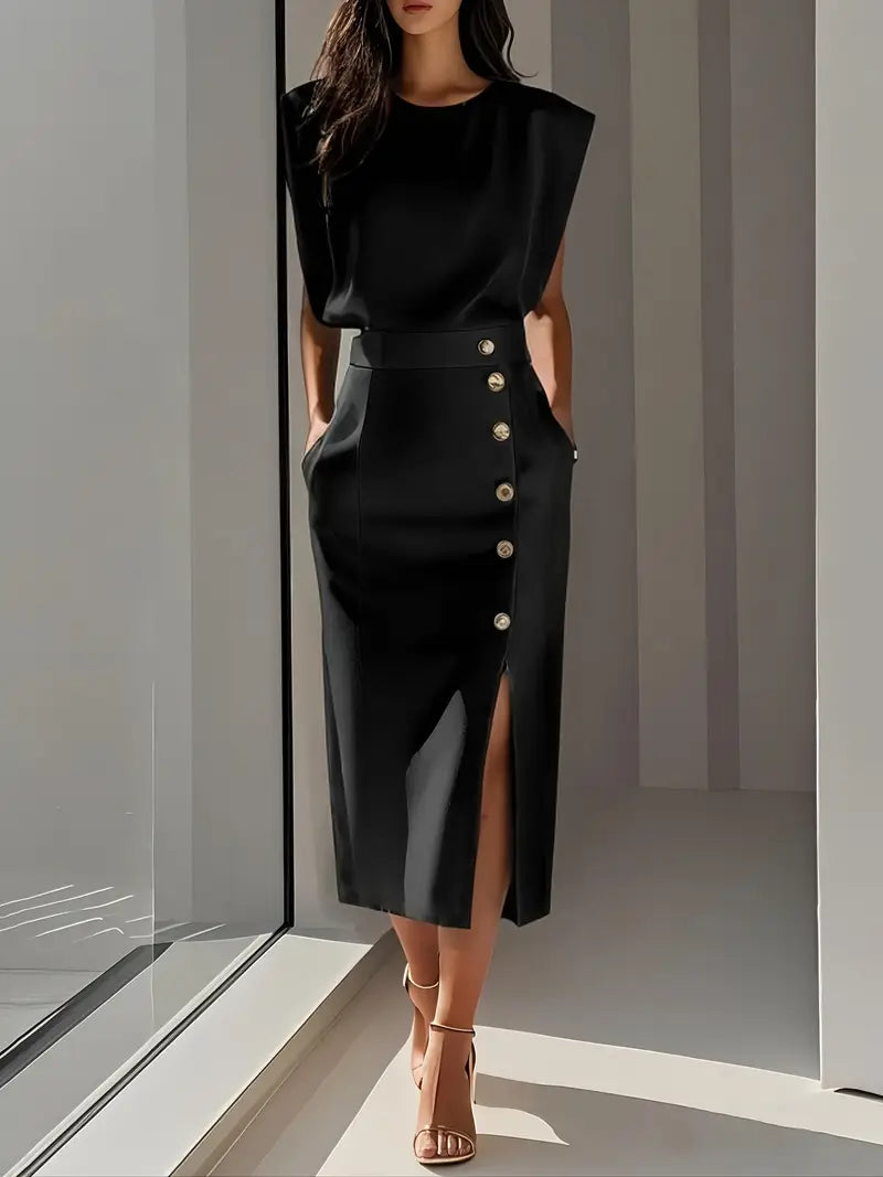 Women's fashion: A chic midi dress with a daring side slit, offering a flattering and sophisticated look.