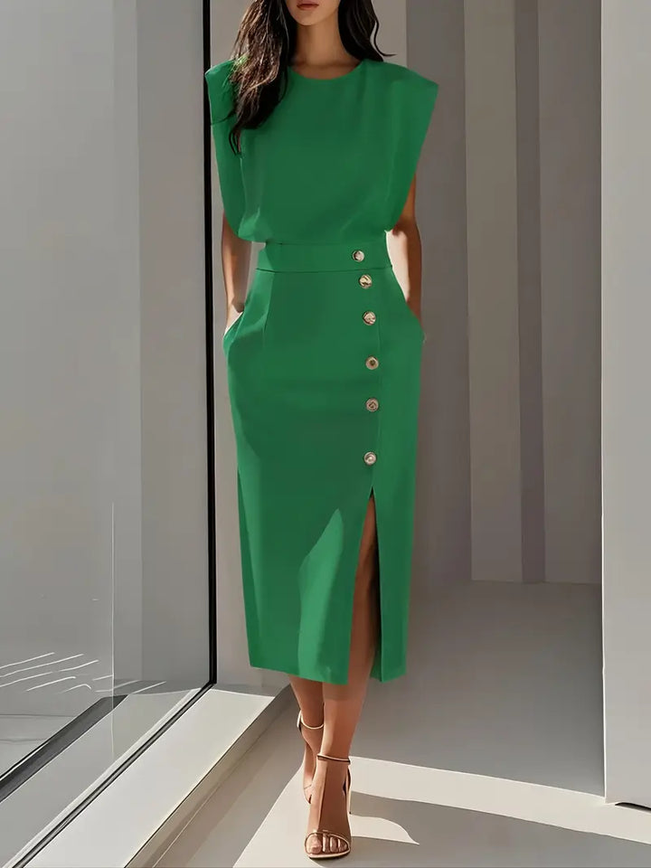Day to night midi dress for women, showcasing an elegant side slit for a flattering silhouette.