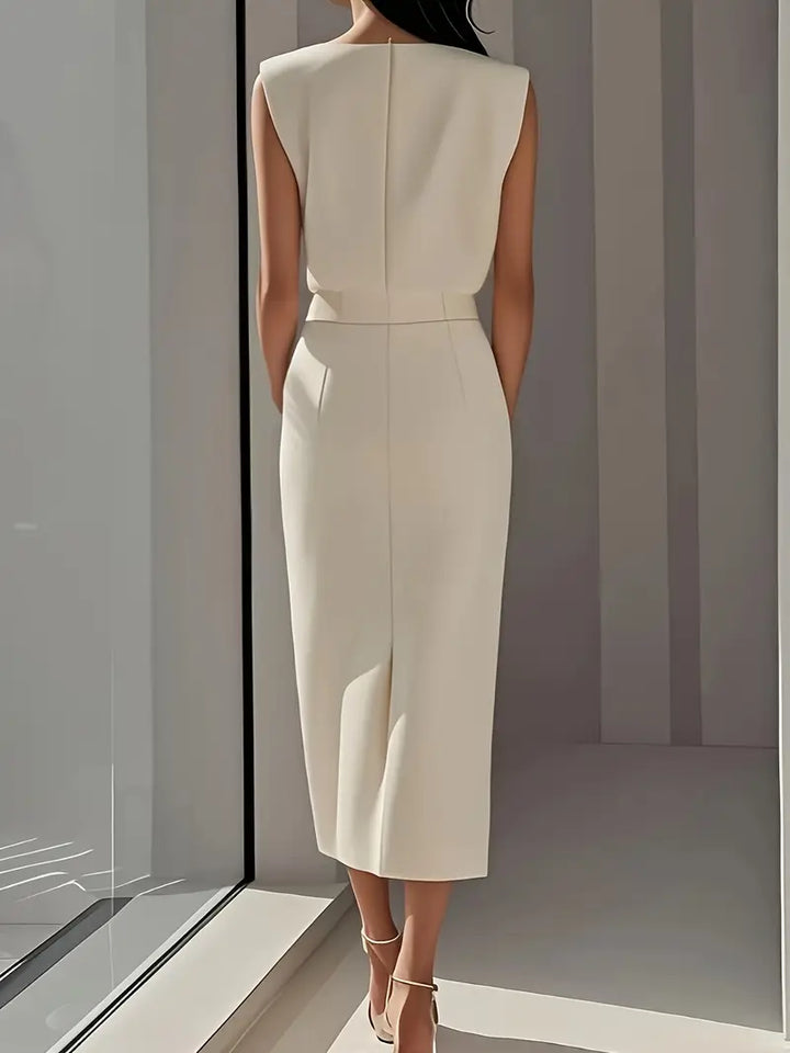 Versatile women's midi dress designed with an elegant side slit, blending comfort and style.