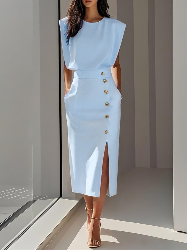 Women's sophisticated midi dress with a flattering side slit, perfect for formal or casual events.