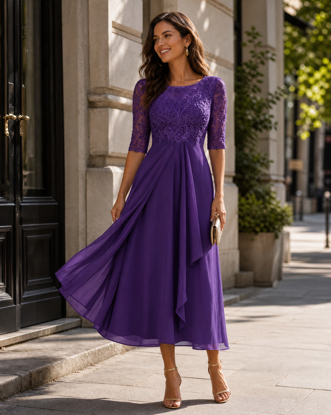Women's midi occasionwear dress with an elegant lace bodice, ideal for weddings, parties, or cocktail events.