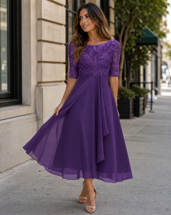 Formal midi dress for women, an elegant party dress with a delicate lace bodice, suitable for evening wear.