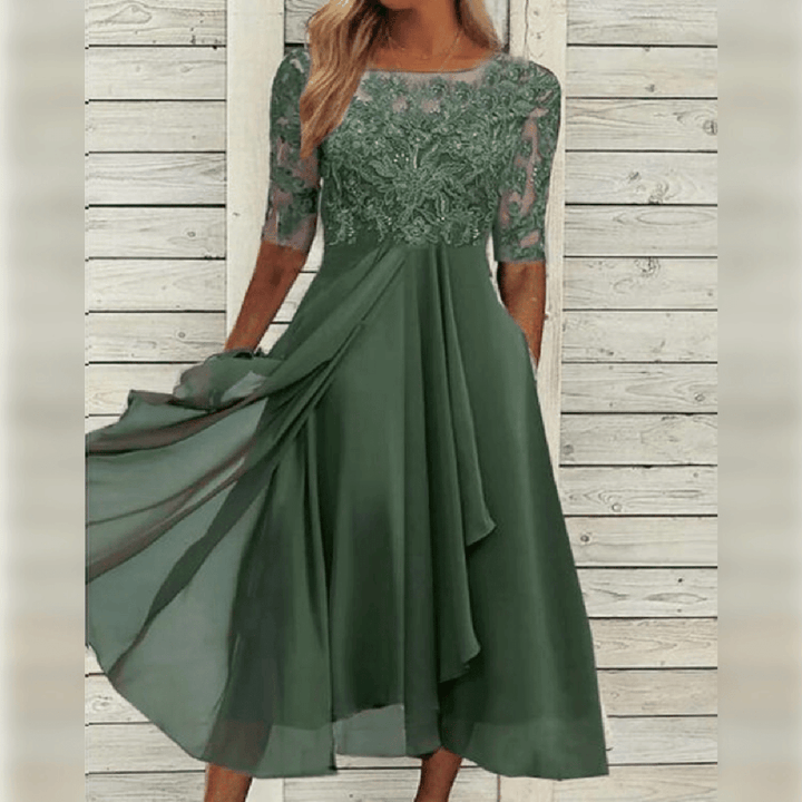 All-season elegant women's midi dress. Features a beautiful lace bodice & flowy skirt, ideal for parties.