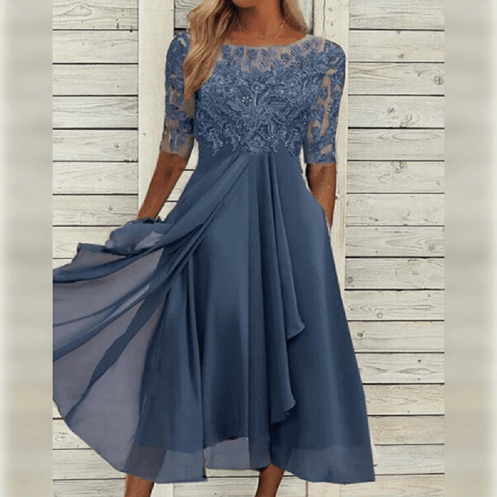 Women's wedding guest midi dress with an elegant lace bodice, perfect for formal and sophisticated parties.