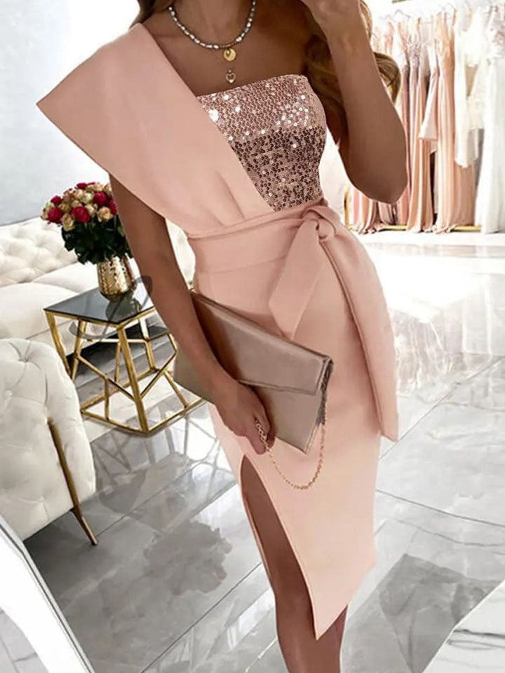 Sophisticated long one-shoulder gown for women, ideal for special occasions, galas & cocktail wear.