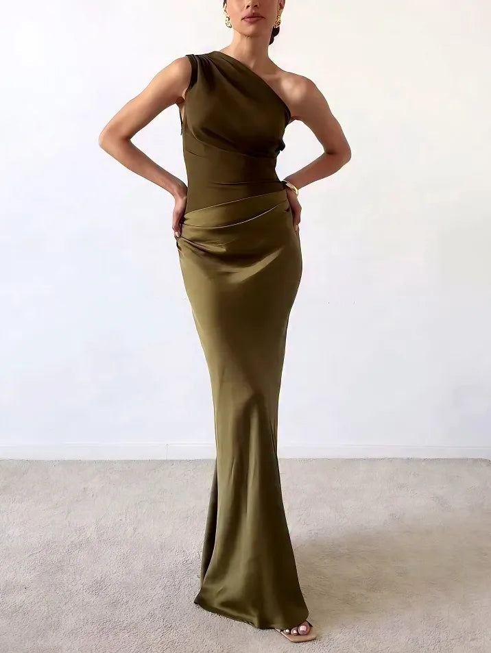 Sophisticated women's one shoulder pleated evening gown, ideal for formal events & wedding guests.