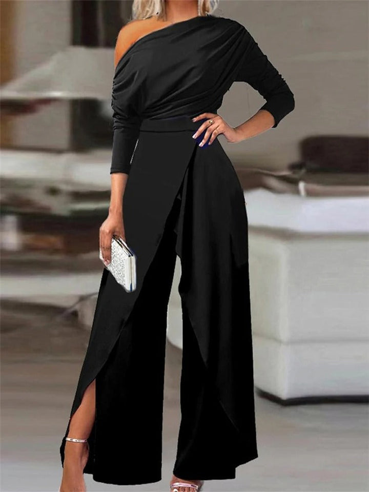 Elegant women's one-shoulder ruffle jumpsuit for evening wear. Chic design, perfect for special occasions & parties.