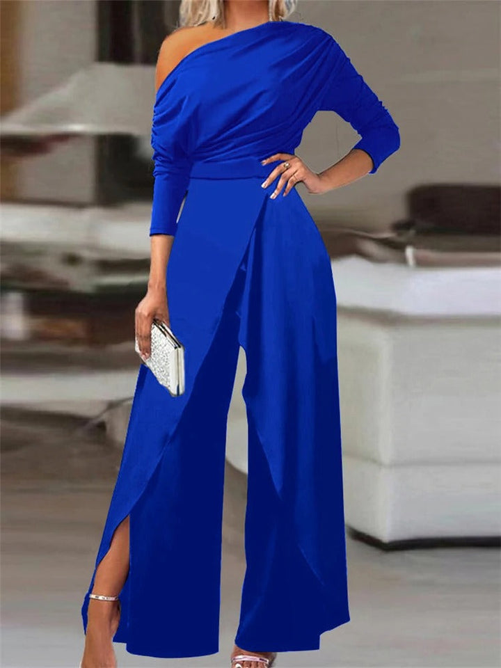 Stylish women's one-shoulder jumpsuit with delicate ruffle design. Ideal party outfit or formal wear, fashionable & chic.