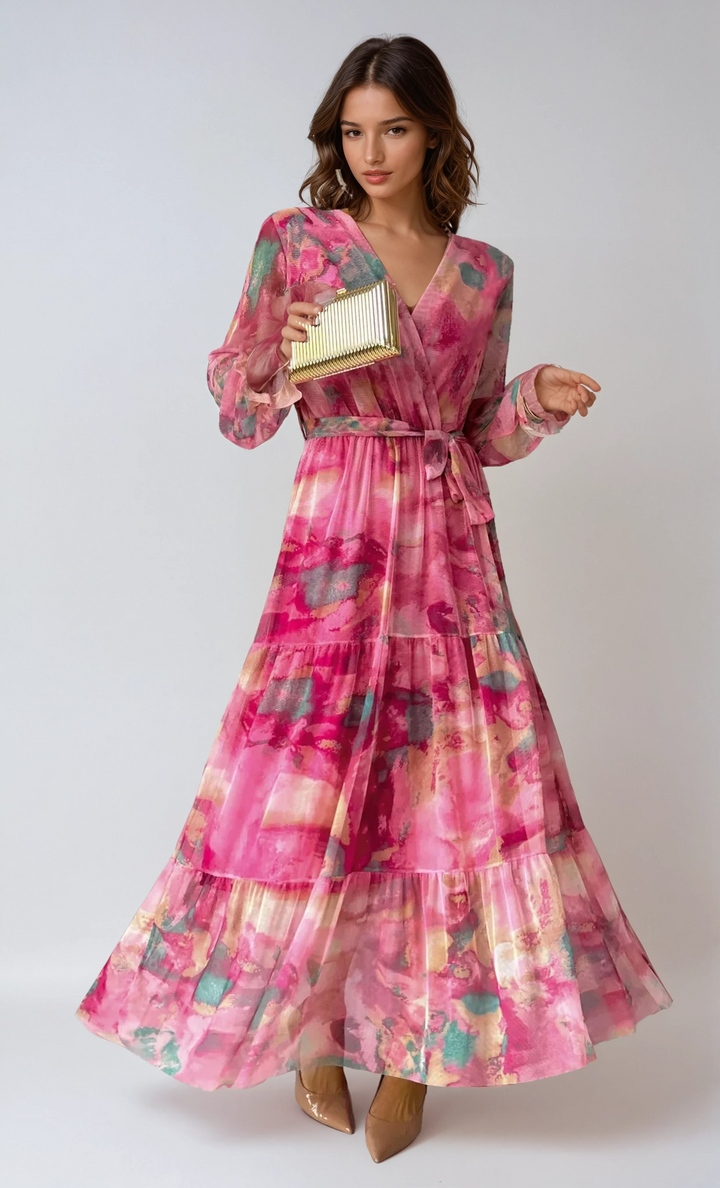 Elegant women's pink floral wrap maxi dress perfect for summer evenings and parties.