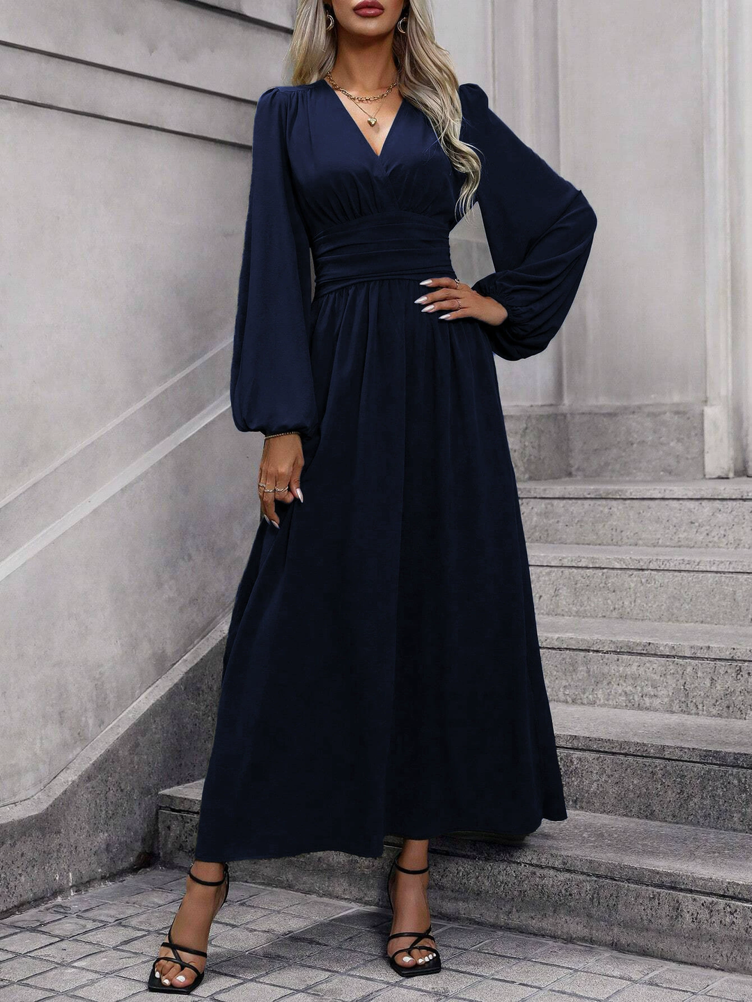 Formal pink long sleeve midi dress with an elegant slit, a chic choice for women's special occasion wear.