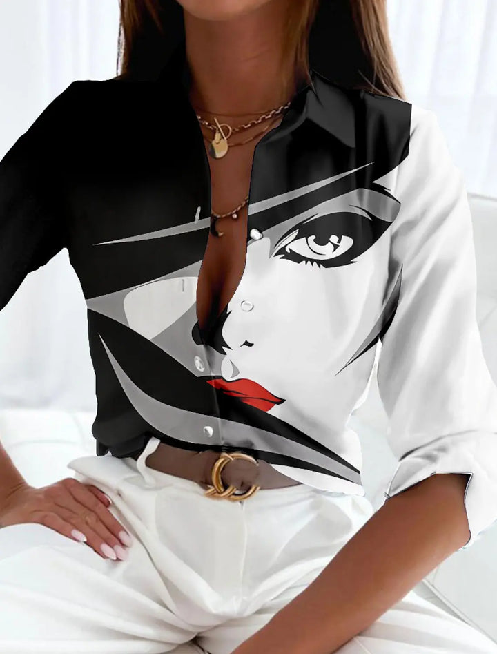 Sophisticated women's printed shirt with a unique pattern, ideal for a chic and comfortable modern ladies' outfit.
