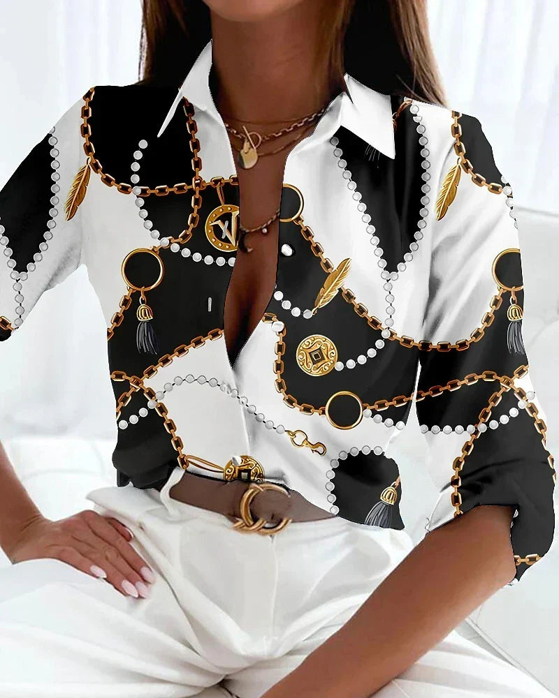 Modern elegant women's printed blouse, a comfortable and stylish ladies' top for contemporary fashion and sophistication.