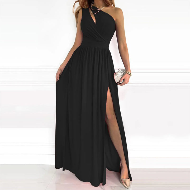 Elegant women's red one-shoulder split maxi dress for evening or party wear.