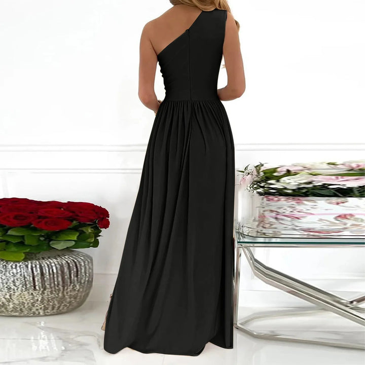 Stylish women's black one-shoulder formal maxi dress with a flattering split.