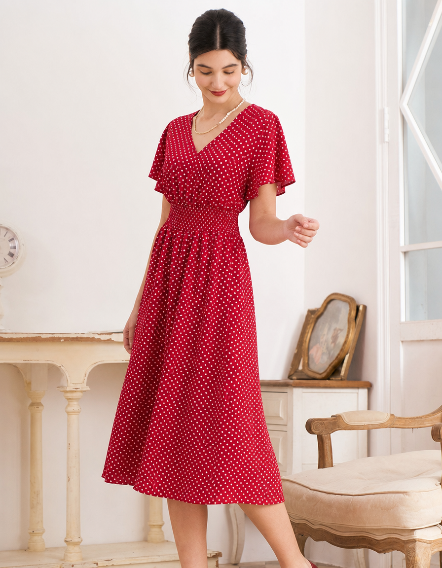 Elegant women's red polka dot wrap midi dress, perfect for a wedding guest or special occasion. Short sleeve, V-neck.