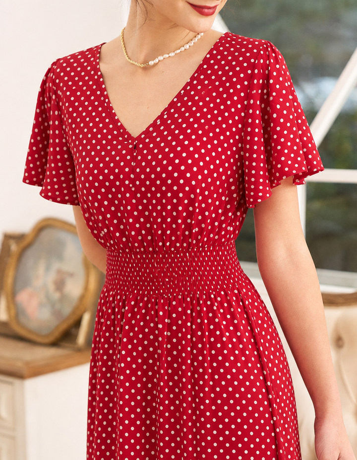 Stylish red polka dot wrap midi dress for women. Versatile V-neck, short sleeve party dress or summer occasion wear.