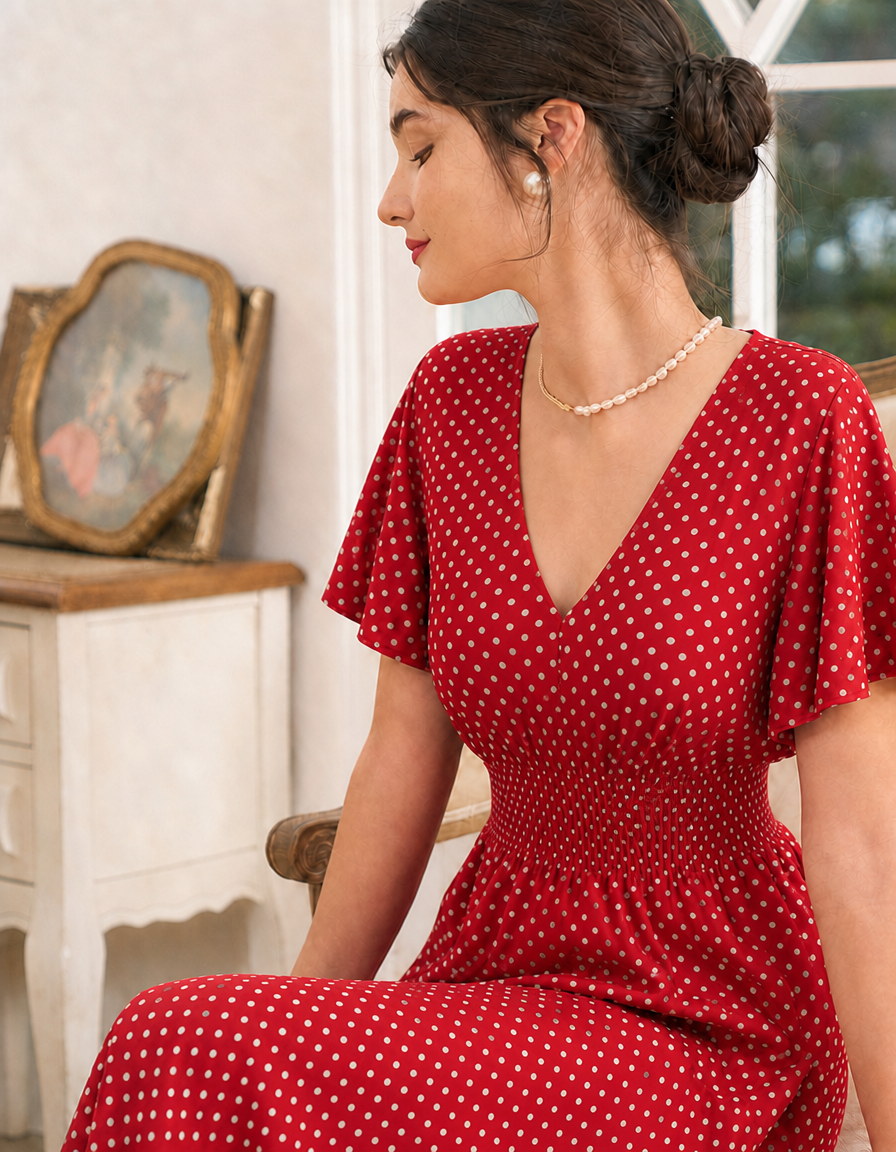 Red polka dot midi wrap dress with V-neck & short sleeves. Chic women's wedding guest or special occasion party dress.